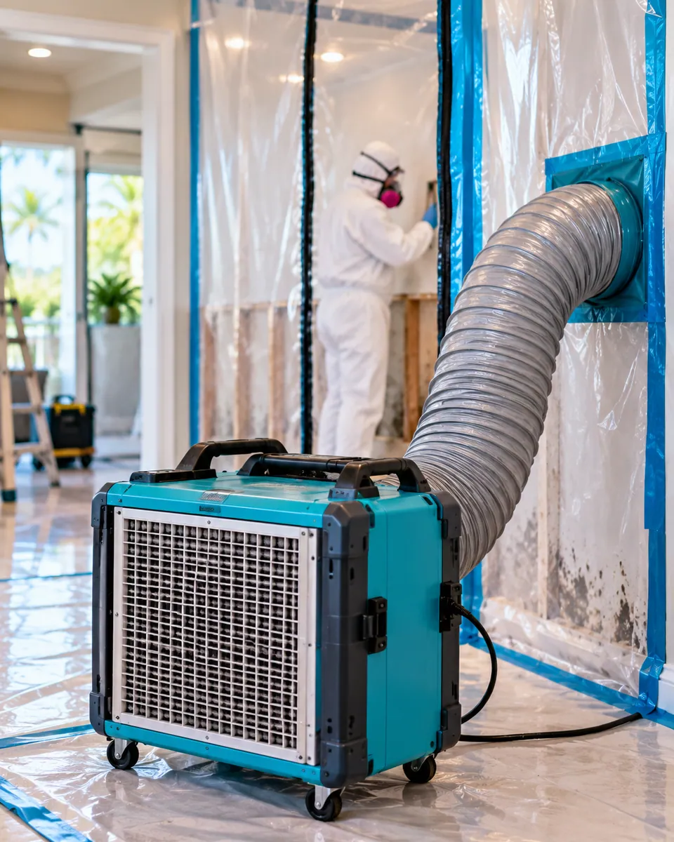 HEPA air scrubber and poly containment set up for mold remediation in Loxahatchee Groves